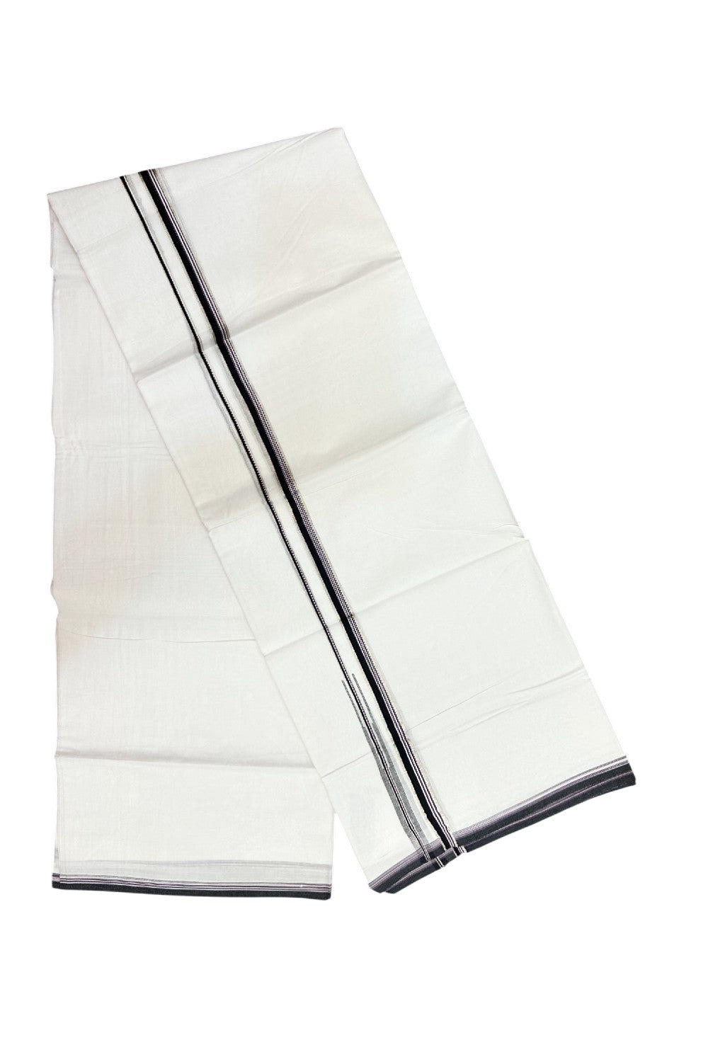 20% Discount !! Kaitharikada Balaramapuram 100% Cotton PURE WHITE DOUBLE Mundu/Dothi- 100X80 Thread - 0.5 inch - Silver Kasavu Purple & Black Design Chutty Kara - 45KK5191CKS