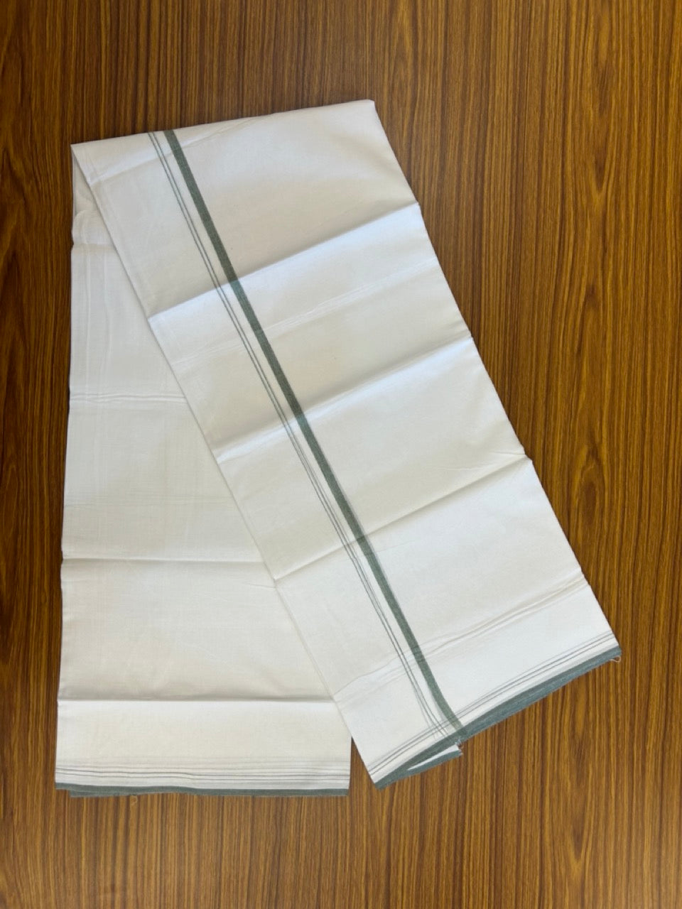 20% DISCOUNT!! NEW!! KaithariKada Balaramapuram 100% Cotton PURE WHITE Double Mundu/Dhoti - (100x80)s - 0.5 inch Green Yellow Shaded Kara - 45 KK5249 VIN