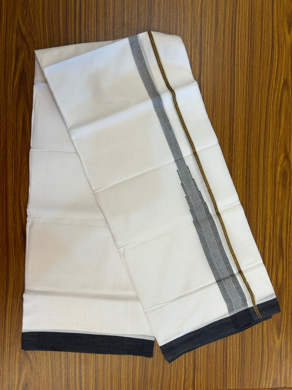 24% Discount! KaithariKada Balaramapuram 100% Cotton Pure white Double Mundu/Dhoti - (100x80)s - 1.5 inch Puliyilakkara Black Stripes Chutty Gold Kasav - 45 KK5258 THI