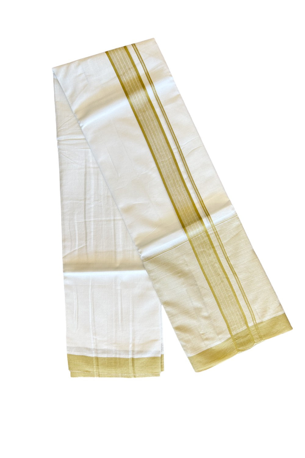 15% DISCOUNT!! Kaitharikada Balaramapuram 100% Cotton PURE WHITE Double Mundu/Dothi-100x100 2.25 Inch LIGHT YELLOW SHADED Cotton Kara 3.75m (8 Muzham) - 45KK74RAM