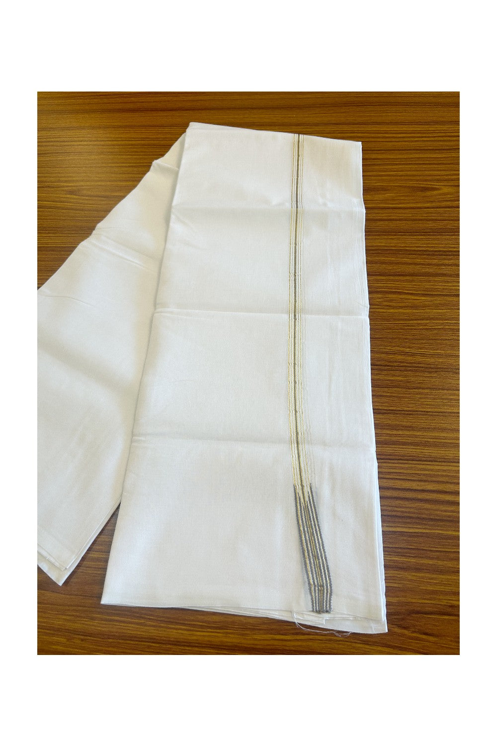20% DISCOUNT!! KaithariKada Balaramapuram 100% Cotton PURE WHITE Double Mundu/Dhoti-100x100 1.5 cm 6 line Puliyilakkara chutty kasavu Ash grey stripes - 45KK481ASH