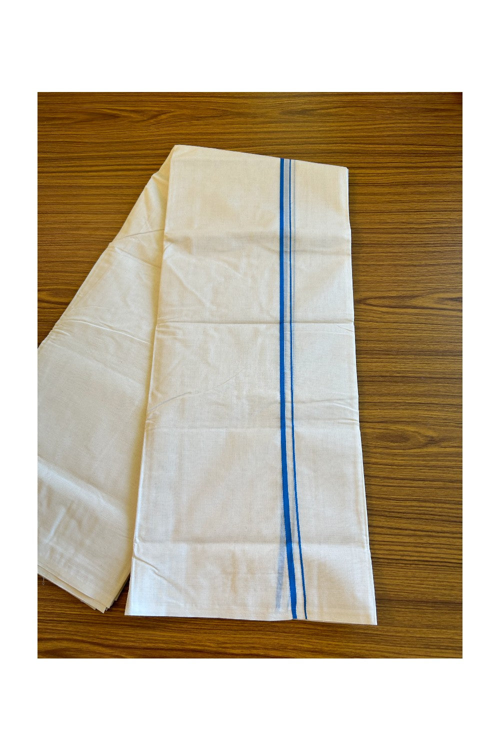 34% DISCOUNT! KaithariKada Balaramapuram 100% Cotton Double Off white - (Unbleached) Mundu/Dhoti- 100x100 1.cm Blue Thin Kara 4.26 mtr - 45KK500KK