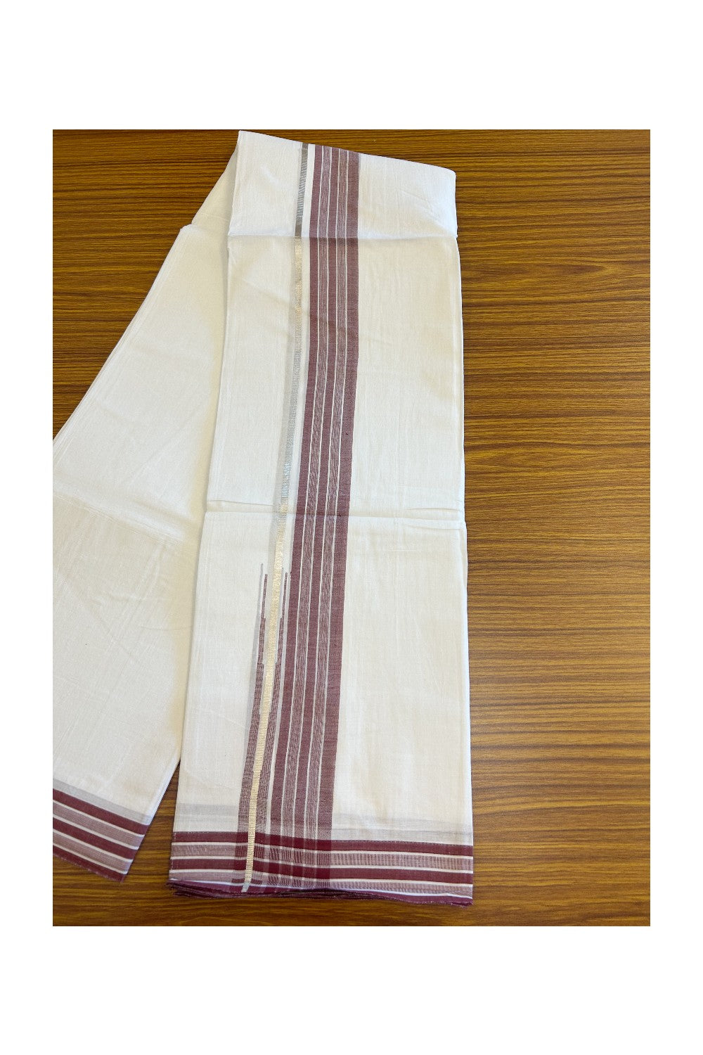 20% Discount!! Kaitharikada Balaramapuram 100% Cotton Pure White Double Mundu/Dhoti - 80X90 - 1.5 Inch Silver Kasav Maroon Stripes Chutty Kara 3.70 m (8 Muzham) - 64KK5115THI