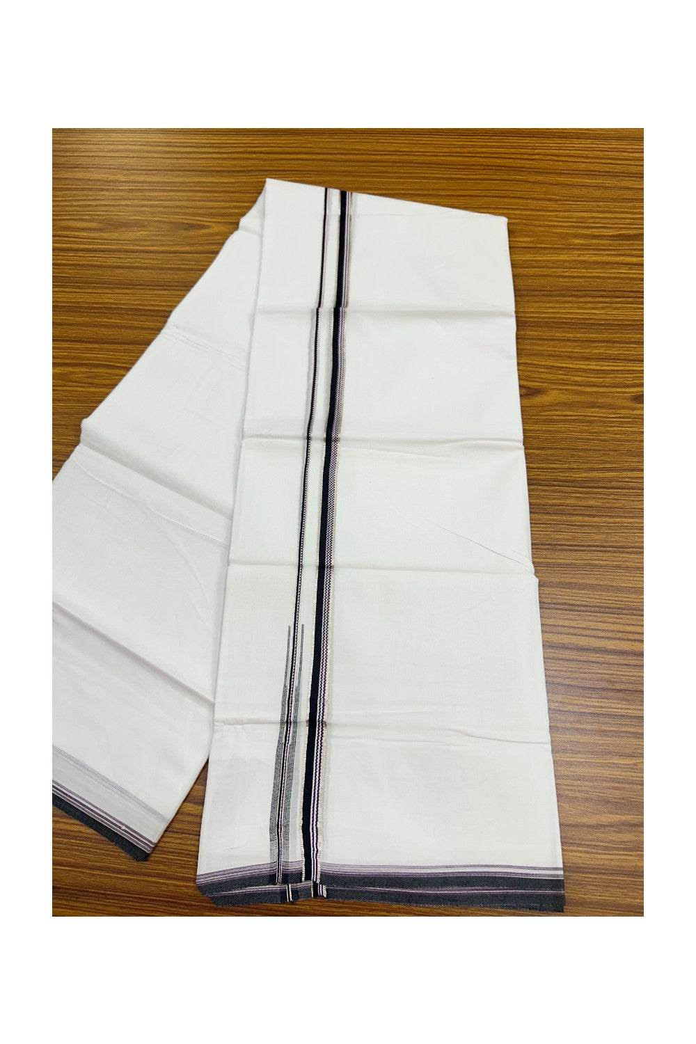 20% Discount !! Kaitharikada Balaramapuram 100% Cotton PURE WHITE DOUBLE Mundu/Dothi- 100X80 Thread - 0.5 inch - Silver Kasavu Purple & Black Design Chutty Kara - 45KK5191CKS