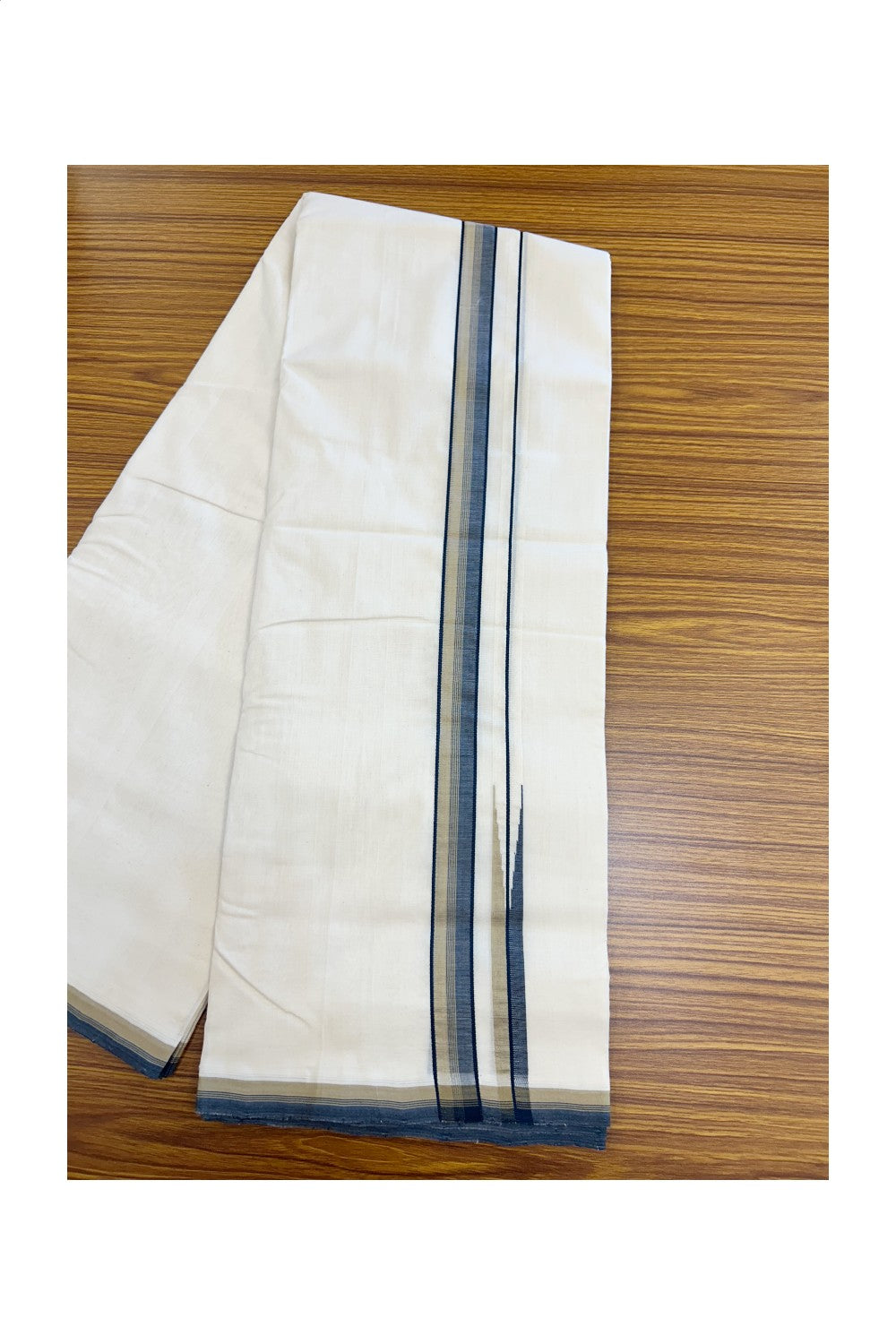 25% DISCOUNT!! KaithariKada HANDLOOM UNAKKUPAAV Balaramapuram - 100% PURE Cotton OFF White - (Unbleached) Double Mundu/Dothi - 80X100 - 1 inch Puliyilakkara Peacock blue & pastel Olive Green chutty Kara 3.80 meter (8.5 Muzham) - 45KK5209 REA