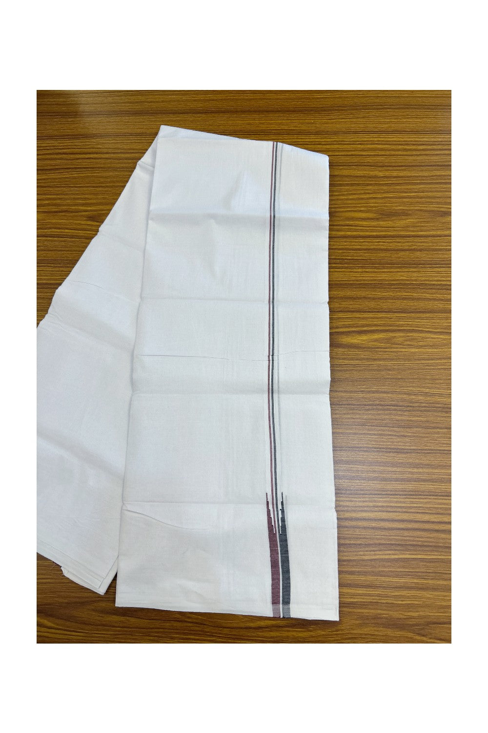 ADMK VESTHI 20% DISCOUNT ! KaithariKada Balaramapuram 100% COTTON DOUBLE PURE WHITE Mundu/Dhoti-100X100- 0.75 Inch Puliyilakkara Maroon & Black Shaded Chutty Kara 3.75 mtr (8 muzham) - 43KK5224 ASH