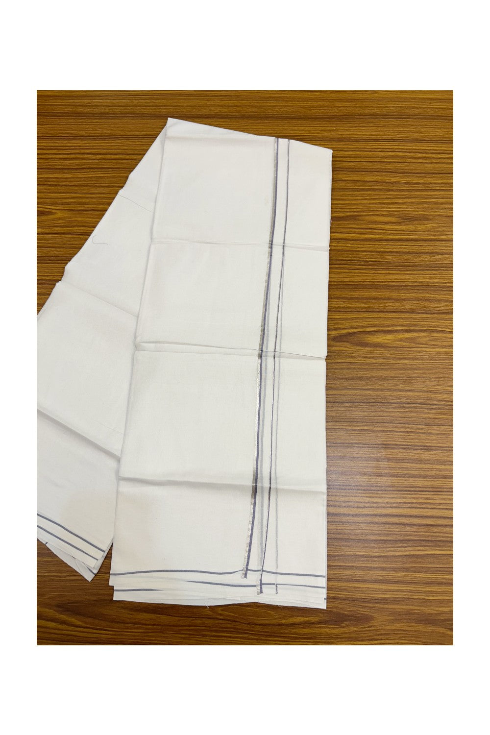 32% DISCOUNT! KaithariKada Balaramapuram 100% Cotton Double Pure white Mundu/Dhoti- 60s - 0.5 cm Silver Kasavu & Lavender Kara - 3.90mtr ( 8 muzham) - 45KK5227 PMC