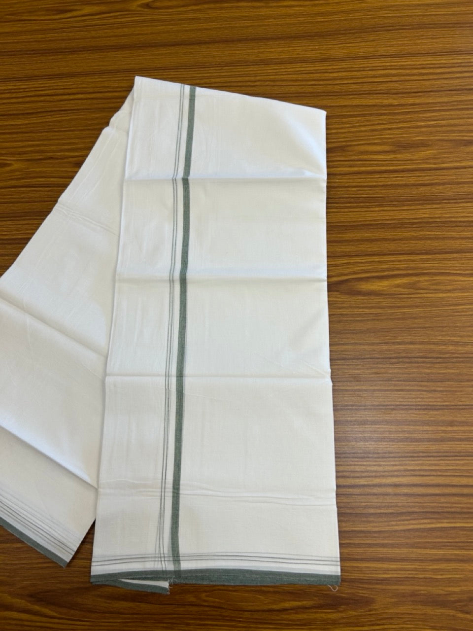 20% DISCOUNT!! NEW!! KaithariKada Balaramapuram 100% Cotton PURE WHITE Double Mundu/Dhoti - (100x80)s - 0.5 inch Green Yellow Shaded Kara - 45 KK5249 VIN