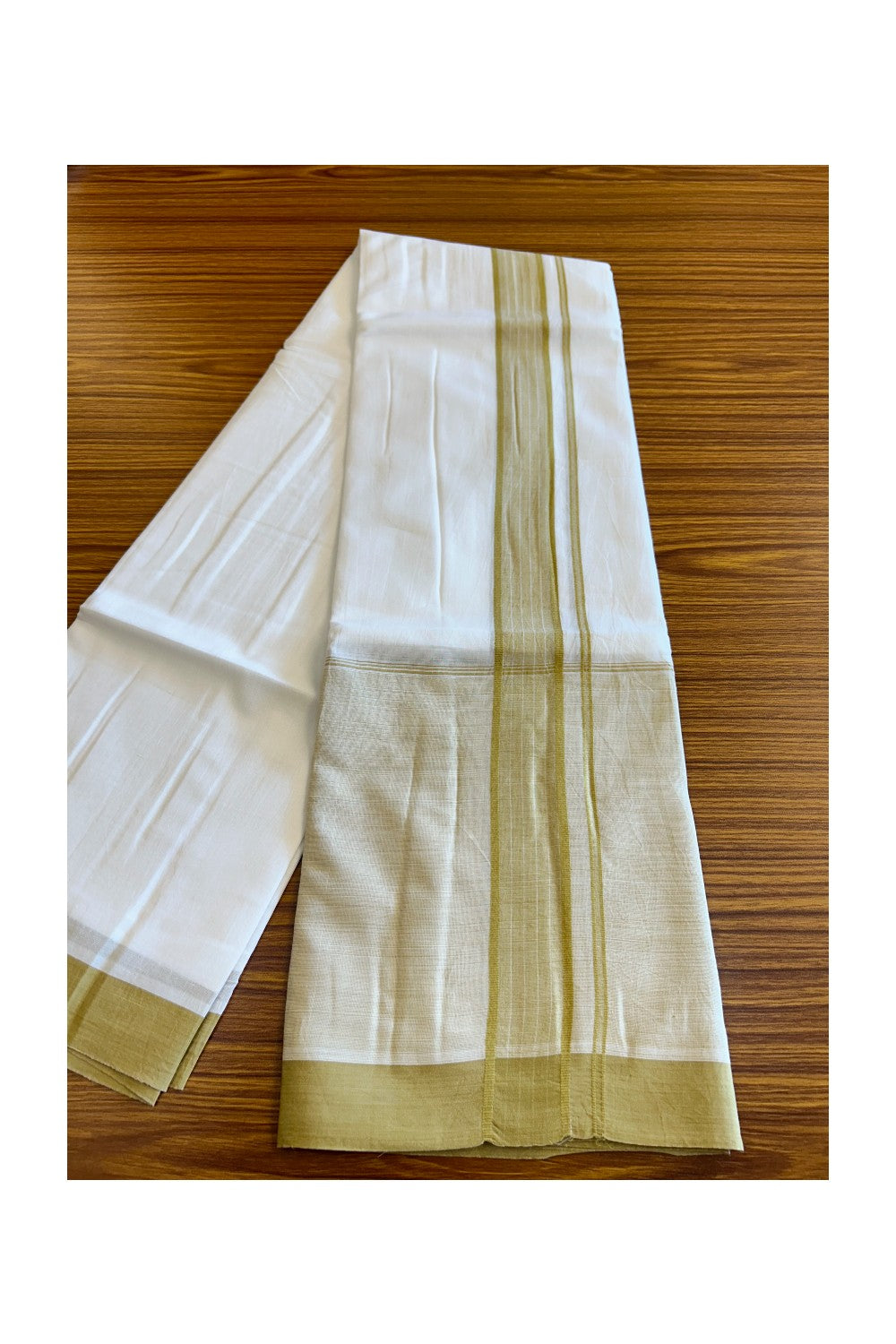 15% DISCOUNT!! Kaitharikada Balaramapuram 100% Cotton PURE WHITE Double Mundu/Dothi-100x100 2.25 Inch LIGHT YELLOW SHADED Cotton Kara 3.75m (8 Muzham) - 45KK74RAM