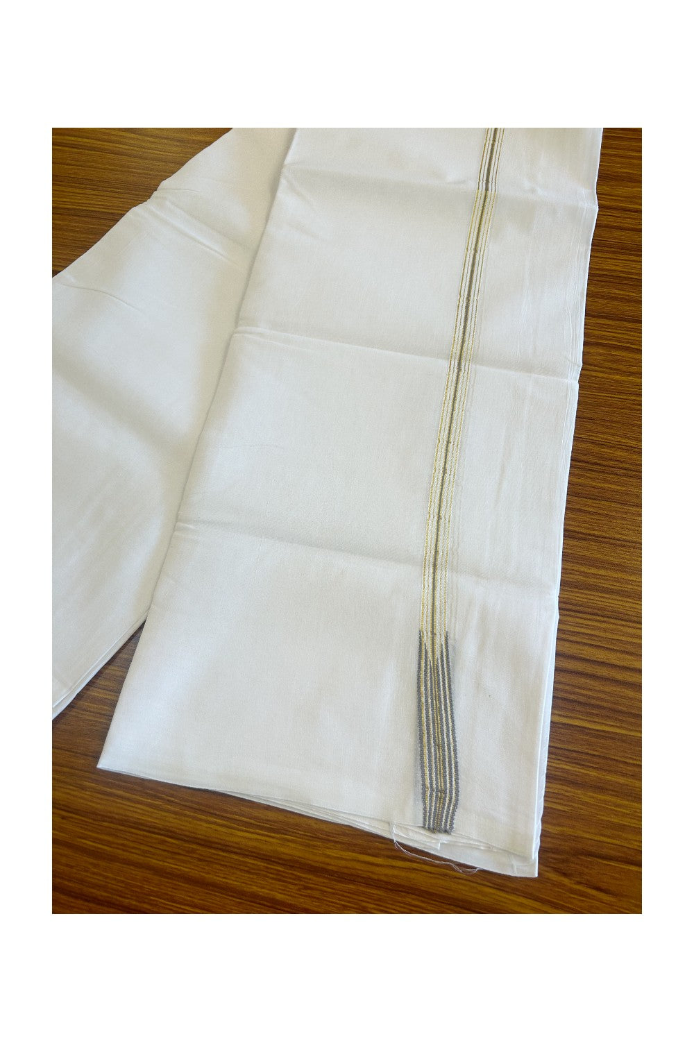 20% DISCOUNT!! KaithariKada Balaramapuram 100% Cotton PURE WHITE Double Mundu/Dhoti-100x100 1.5 cm 6 line Puliyilakkara chutty kasavu Ash grey stripes - 45KK481ASH