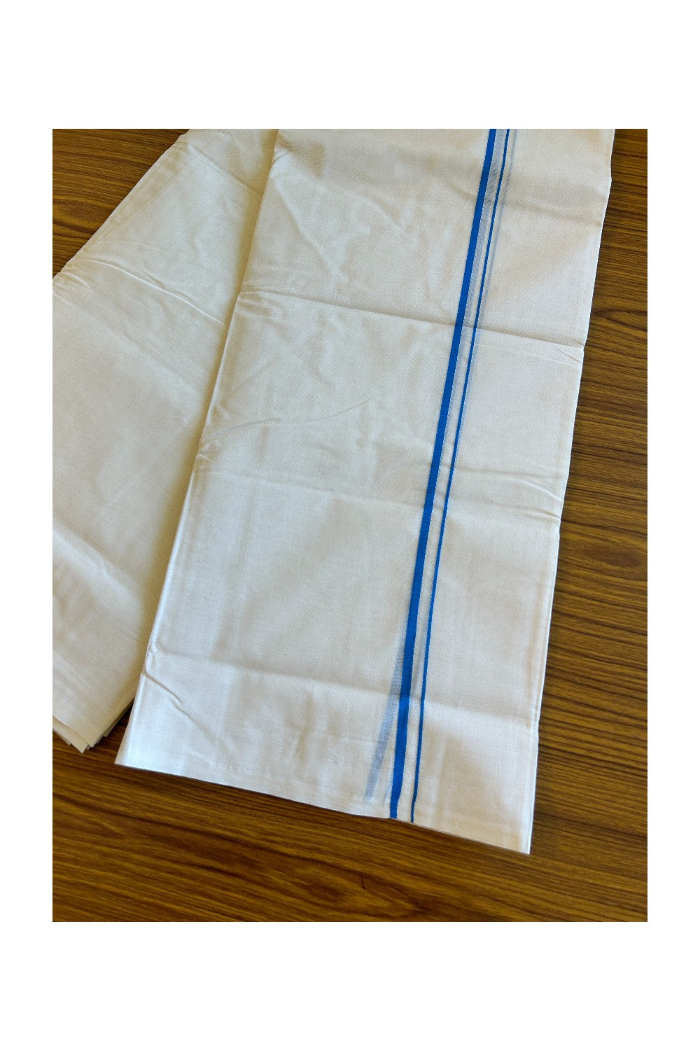 34% DISCOUNT! KaithariKada Balaramapuram 100% Cotton Double Off white - (Unbleached) Mundu/Dhoti- 100x100 1.cm Blue Thin Kara 4.26 mtr - 45KK500KK