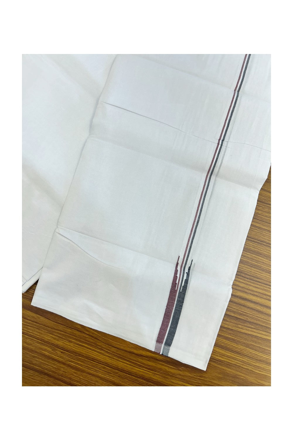 ADMK VESTHI 20% DISCOUNT ! KaithariKada Balaramapuram 100% COTTON DOUBLE PURE WHITE Mundu/Dhoti-100X100- 0.75 Inch Puliyilakkara Maroon & Black Shaded Chutty Kara 3.75 mtr (8 muzham) - 43KK5224 ASH