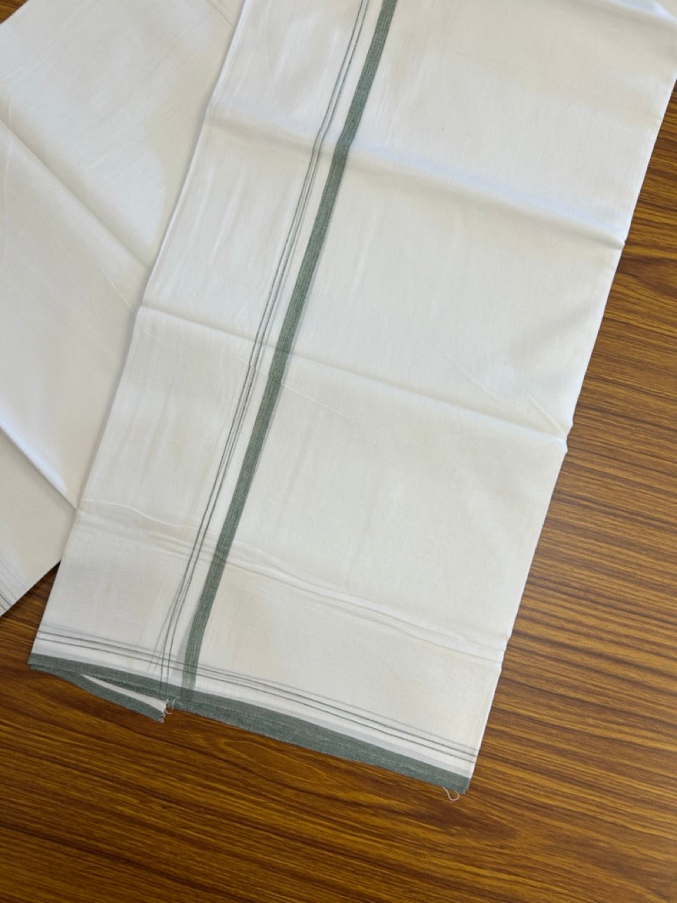 20% DISCOUNT!! NEW!! KaithariKada Balaramapuram 100% Cotton PURE WHITE Double Mundu/Dhoti - (100x80)s - 0.5 inch Green Yellow Shaded Kara - 45 KK5249 VIN