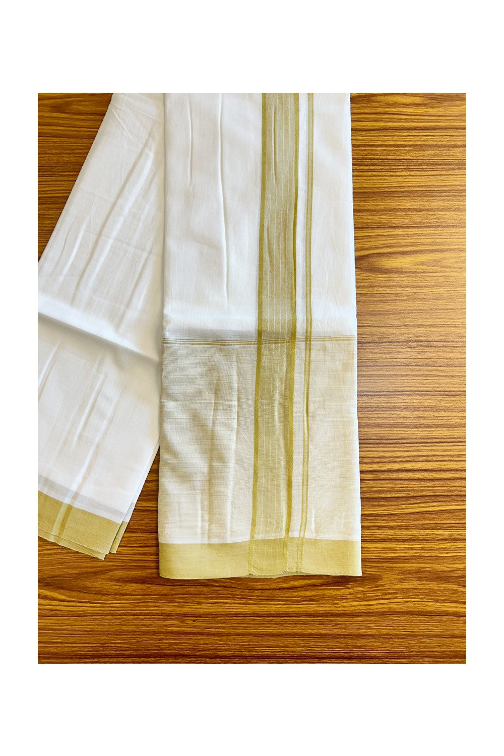 15% DISCOUNT!! Kaitharikada Balaramapuram 100% Cotton PURE WHITE Double Mundu/Dothi-100x100 2.25 Inch LIGHT YELLOW SHADED Cotton Kara 3.75m (8 Muzham) - 45KK74RAM