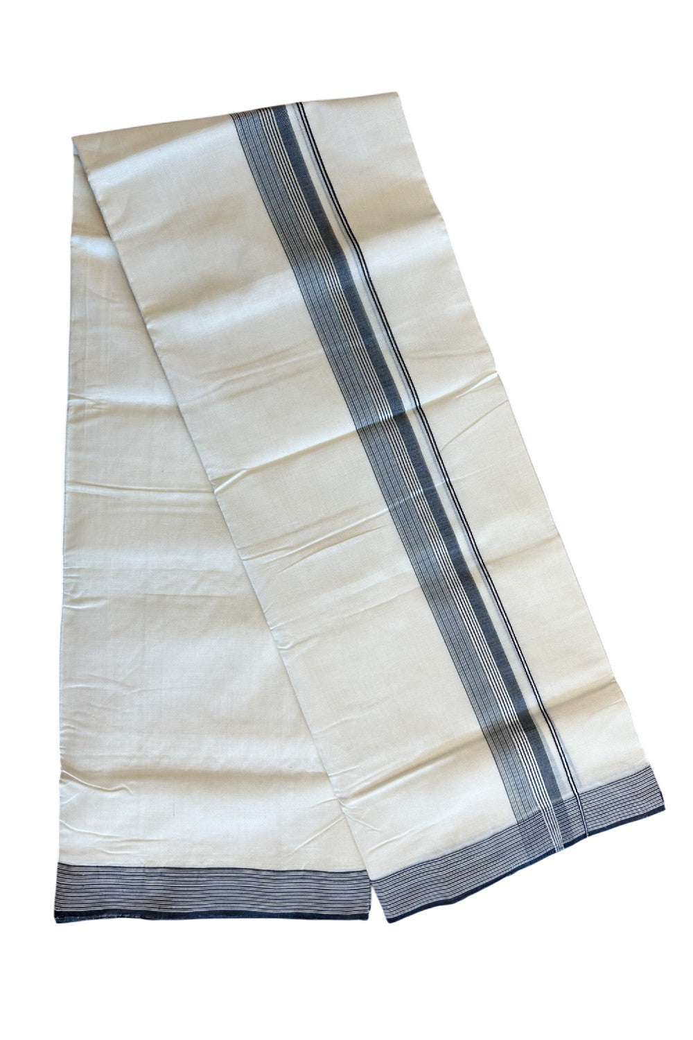30% DISCOUNT!! KaithariKada HANDLOOM Unakkupaavu Balaramapuram - 100% PURE Cotton OFF White (Unbleached) Double Mundu/Dothi - Silver kasavu Black & white striped kara - 15KK203RAM