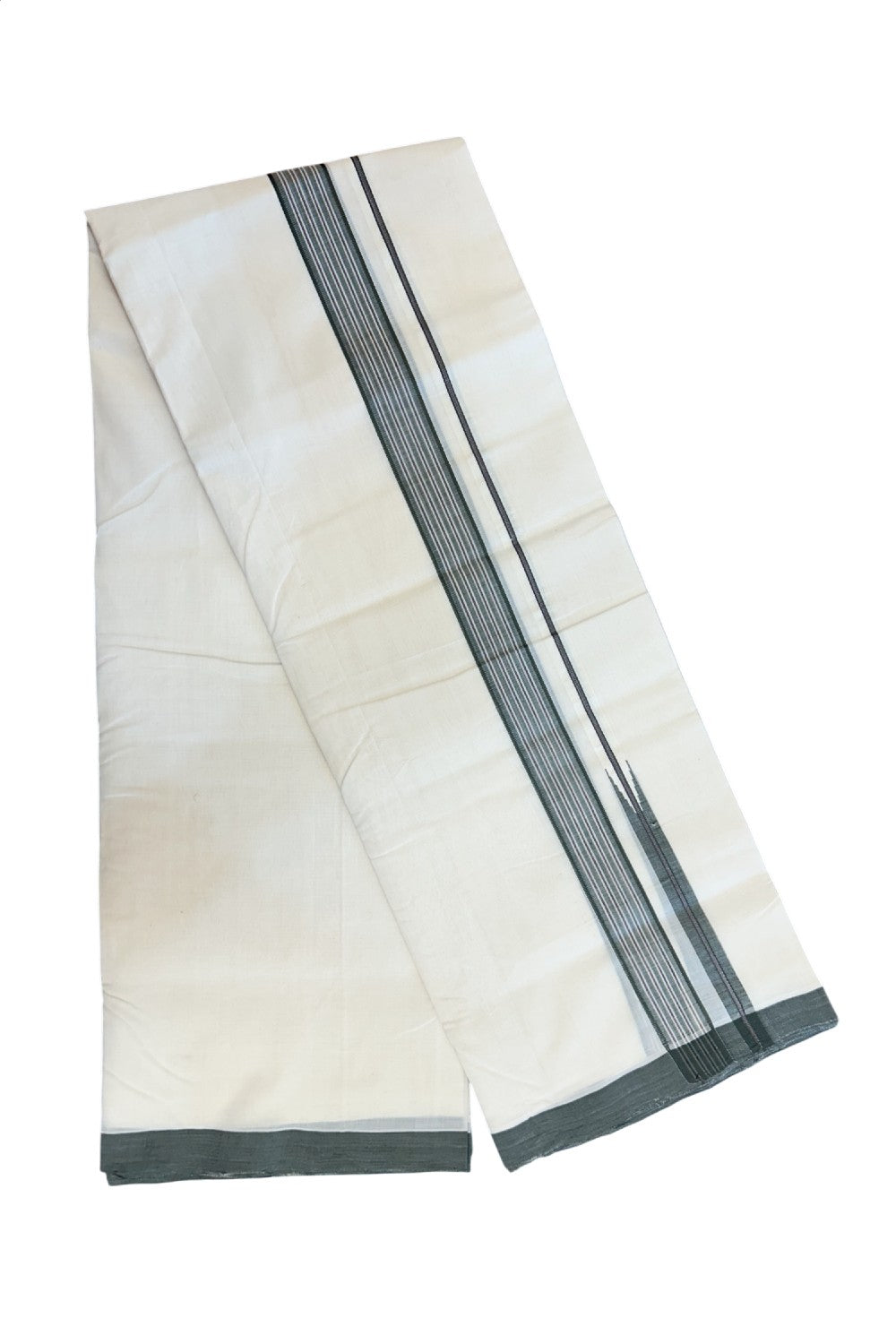 25% DISCOUNT!! KaithariKada HANDLOOM UNAKKUPAAV Balaramapuram - 100% PURE Cotton OFF White - (Unbleached) Double Mundu/Dothi - 80X100 - 1.25 inch Puliyilakkara Olive Green & Maroon Striped chutty Kara 3.80 meter (8.5 Muzham) - 46KK5209 REA