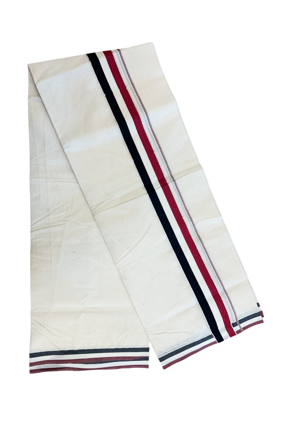 ADMK VESHTI - 20% DISCOUNT! KaithariKada 100% Cotton off white Double - (Unbleached) Mundu/Dhoti - 100X100 - 2 inch Silver Kasavu & Black White Maroon kara - 46KK5218ASH
