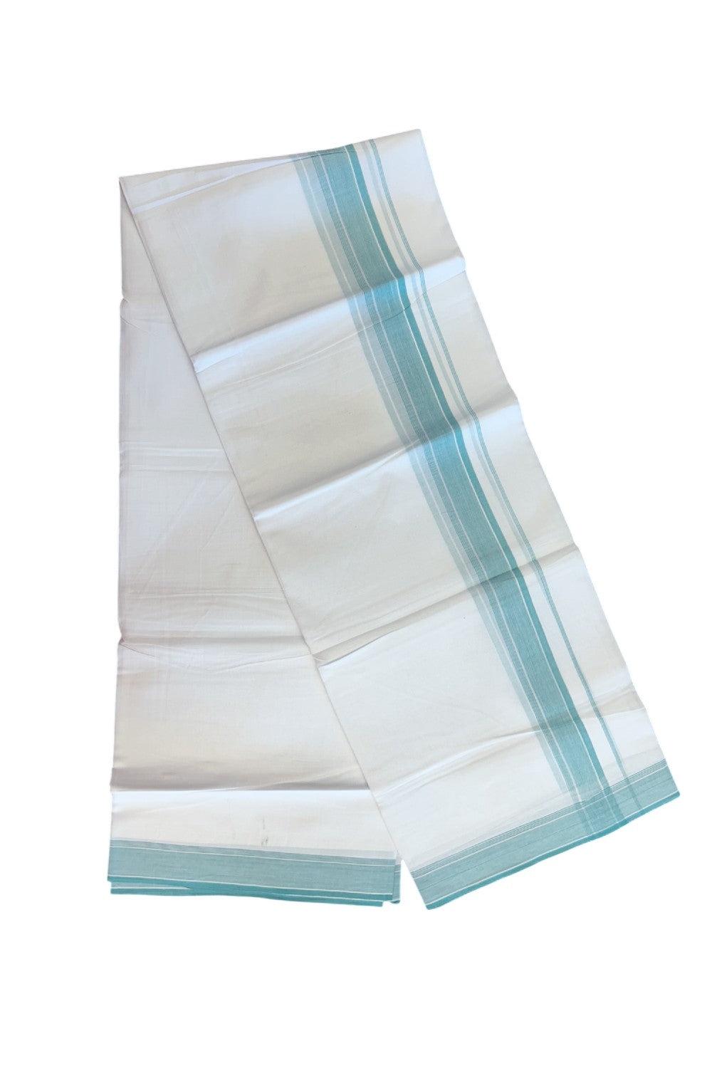20% Discount ! Kaitharikada Balaramapuram 100% Cotton PURE WHITE Double Mundu/Dothi - 100x80 - 1.5 inch Turquoise Green Striped Kara 3.75 mtr (8 muzham) - 46KK5220 THI