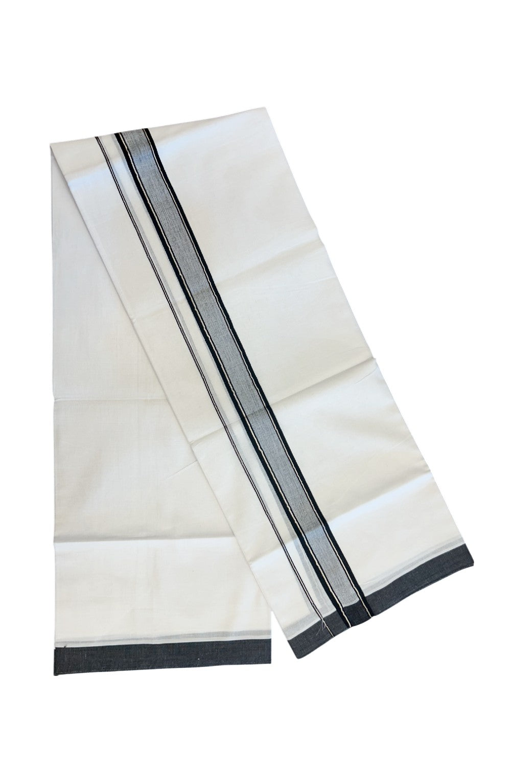 20% DISCOUNT! KaithariKada Balaramapuram 100% Cotton Double Pure white Mundu/Dhoti- 60s - 1.5 inch Silver Kasavu & Black Shaded Striped Kara - 3.88mtr ( 8 muzham) - 46KK5227 PMC