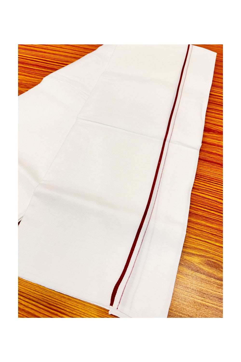 25% OFFER! KaithariKada 100% Cotton Balaramapuram HANDLOOM Single PURE WHITE Mundu/Dhoti - 0.5 cm (2 meter / 4 muzham) Maroon Kara - 46KAI.