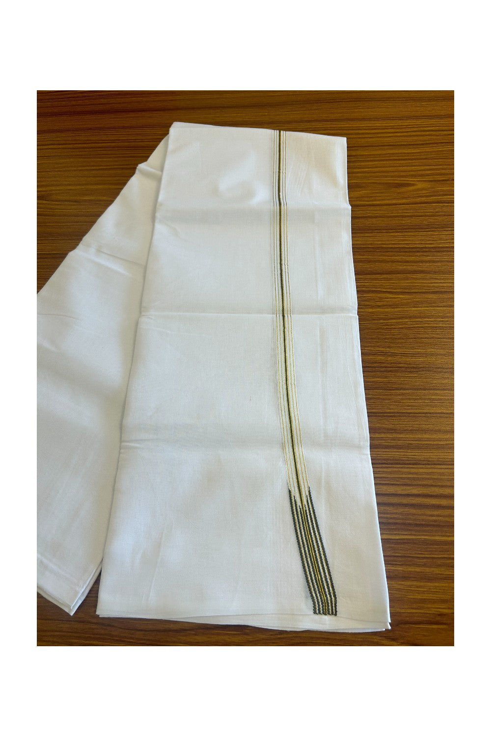 20% DISCOUNT!! KaithariKada Balaramapuram 100% Cotton PURE WHITE Double Mundu/Dhoti-100x100 0.5 inch 6 line Puliyilakkara chutty kasavu & Dark Sage green stripes - 46KK481ASH