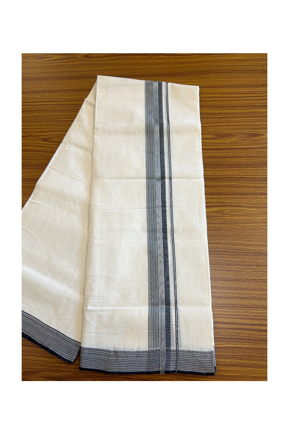 30% DISCOUNT!! KaithariKada HANDLOOM Unakkupaavu Balaramapuram - 100% PURE Cotton OFF White (Unbleached) Double Mundu/Dothi - Silver kasavu Black & white striped kara - 15KK203RAM