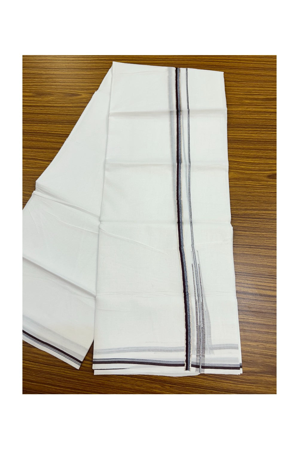 20% Discount !! Kaitharikada Balaramapuram 100% Cotton PURE WHITE DOUBLE Mundu/Dothi- 100X80 Thread - 0.5 inch - Silver Kasavu Purple & Ash Blue Design Chutty Kara - 46KK5191CKS
