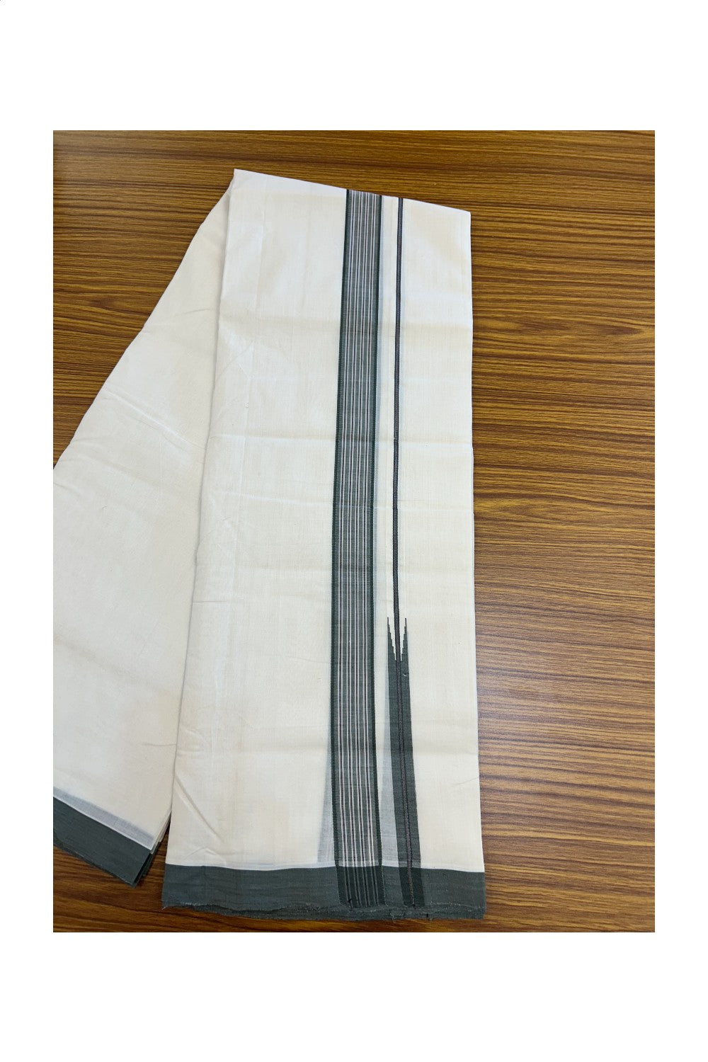 25% DISCOUNT!! KaithariKada HANDLOOM UNAKKUPAAV Balaramapuram - 100% PURE Cotton OFF White - (Unbleached) Double Mundu/Dothi - 80X100 - 1.25 inch Puliyilakkara Olive Green & Maroon Striped chutty Kara 3.80 meter (8.5 Muzham) - 46KK5209 REA