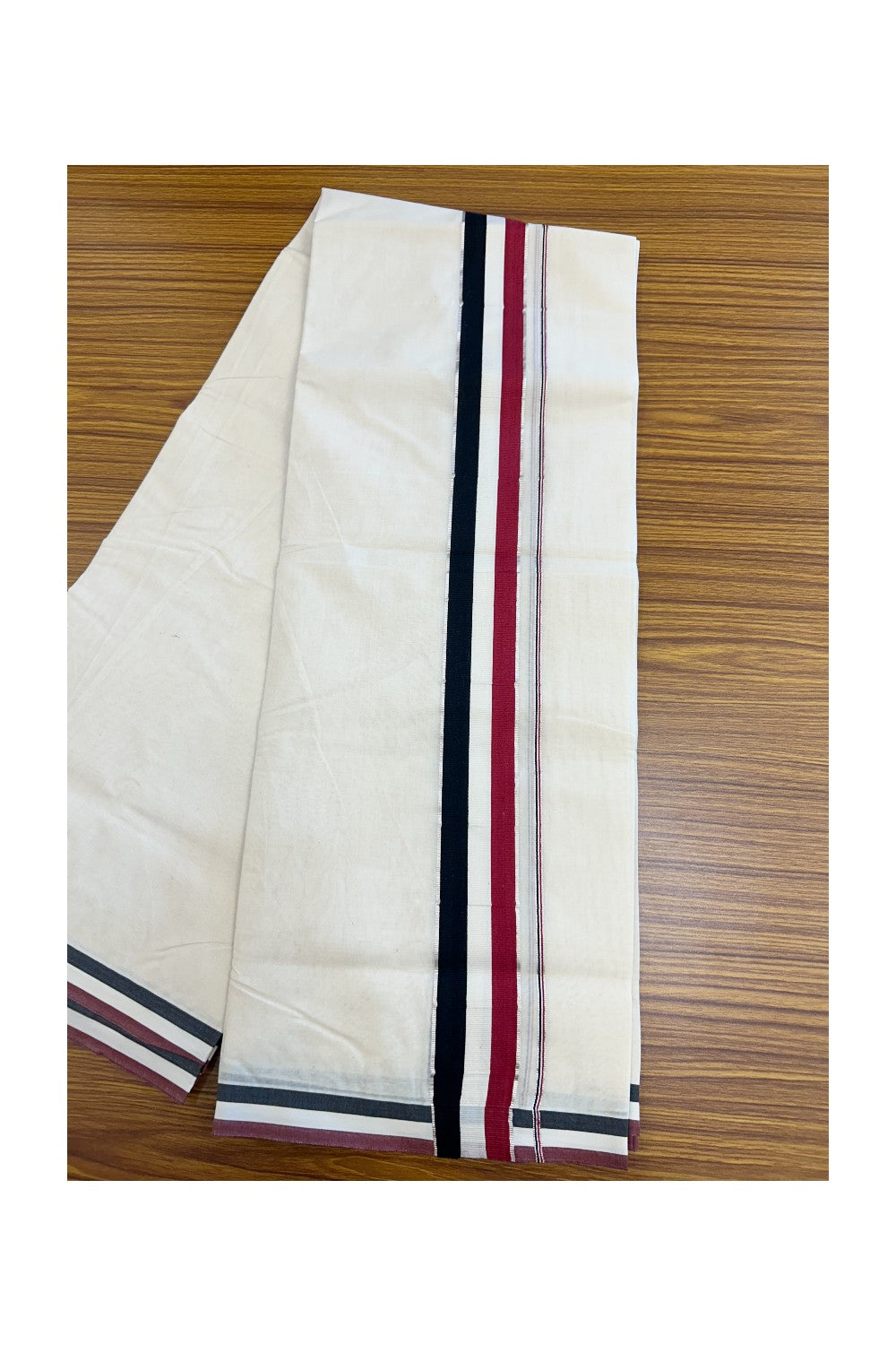 ADMK VESHTI - 20% DISCOUNT! KaithariKada 100% Cotton off white Double - (Unbleached) Mundu/Dhoti - 100X100 - 2 inch Silver Kasavu & Black White Maroon kara - 46KK5218ASH