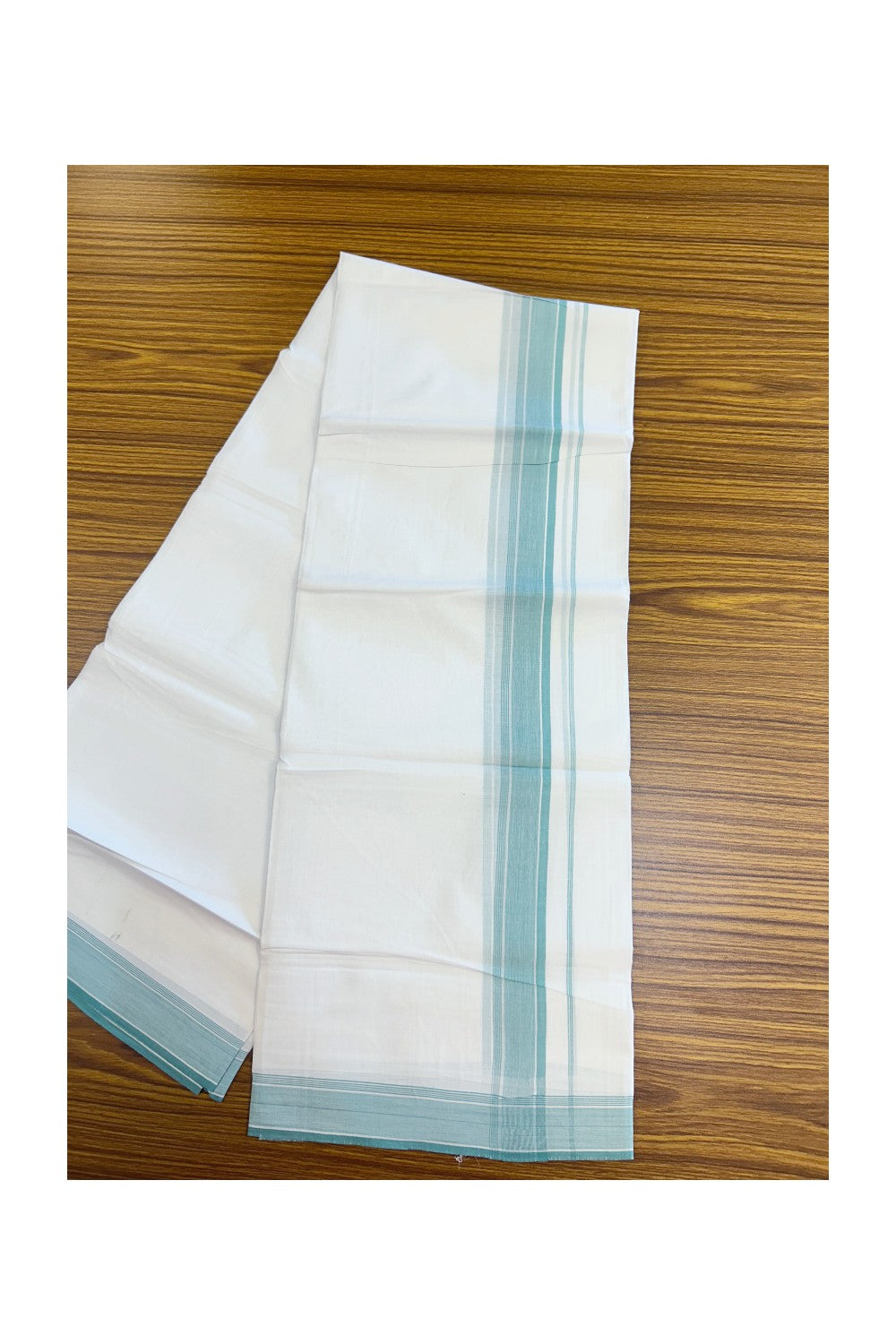 20% Discount ! Kaitharikada Balaramapuram 100% Cotton PURE WHITE Double Mundu/Dothi - 100x80 - 1.5 inch Turquoise Green Striped Kara 3.75 mtr (8 muzham) - 46KK5220 THI