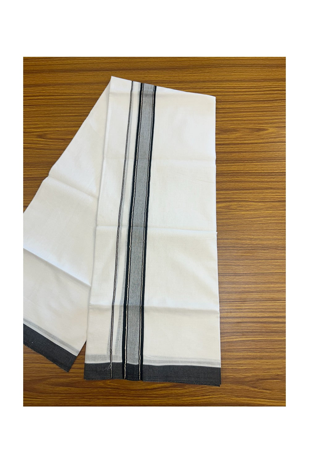 20% DISCOUNT! KaithariKada Balaramapuram 100% Cotton Double Pure white Mundu/Dhoti- 60s - 1.5 inch Silver Kasavu & Black Shaded Striped Kara - 3.88mtr ( 8 muzham) - 46KK5227 PMC