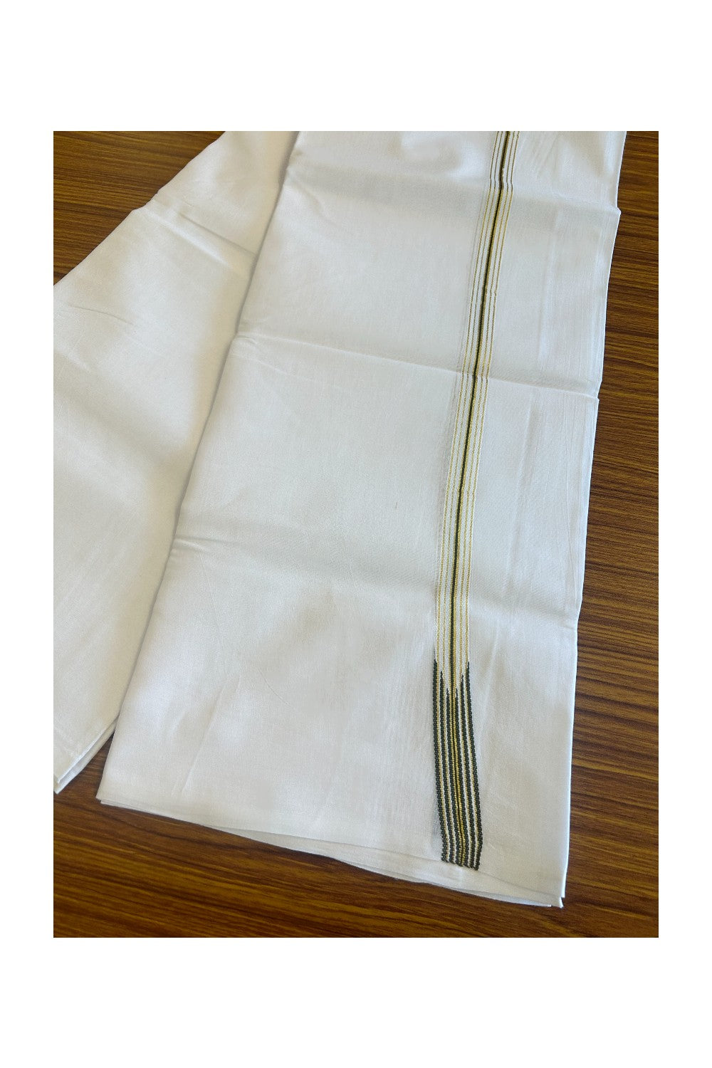 20% DISCOUNT!! KaithariKada Balaramapuram 100% Cotton PURE WHITE Double Mundu/Dhoti-100x100 0.5 inch 6 line Puliyilakkara chutty kasavu & Dark Sage green stripes - 46KK481ASH