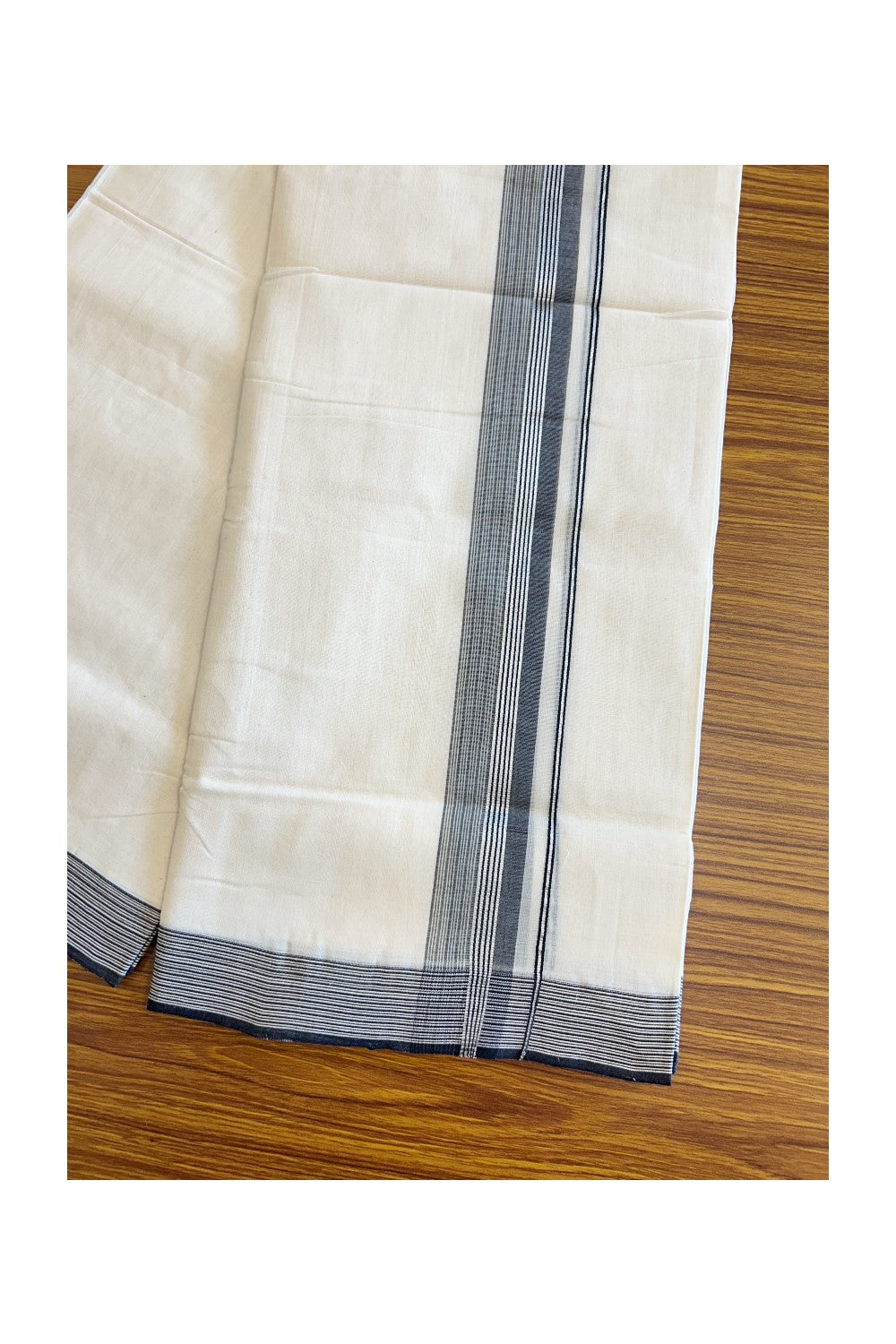 25% Discount!! KaithariKada Handloom Unakkupaavu Balaramapuram - 100% Pure Cotton Off White (Unbleached) Double Mundu/Dothi - Silver kasavu Black & white striped kara - 15KK203RAM
