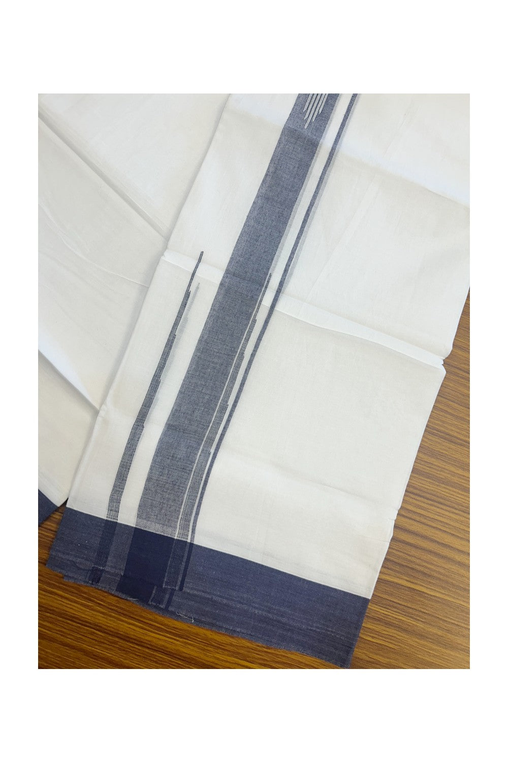 27% DISCOUNT!!! KaithariKada Balaramapuram 100% Cotton Double PURE white Mundu/Dhoti - 80X80 - 2.25 Inch Navy Blue shaded Centre stripes Putta Chutty kara - 46KK5074THI