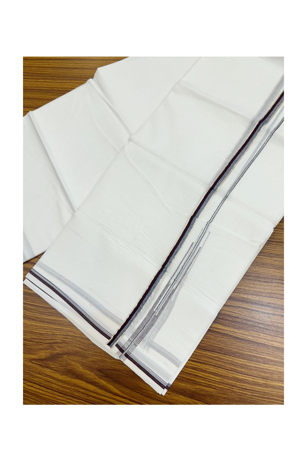 20% Discount !! Kaitharikada Balaramapuram 100% Cotton PURE WHITE DOUBLE Mundu/Dothi- 100X80 Thread - 0.5 inch - Silver Kasavu Purple & Ash Blue Design Chutty Kara - 46KK5191CKS