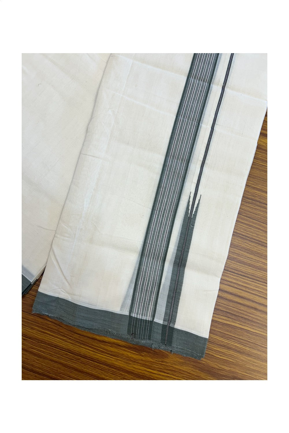 25% DISCOUNT!! KaithariKada HANDLOOM UNAKKUPAAV Balaramapuram - 100% PURE Cotton OFF White - (Unbleached) Double Mundu/Dothi - 80X100 - 1.25 inch Puliyilakkara Olive Green & Maroon Striped chutty Kara 3.80 meter (8.5 Muzham) - 46KK5209 REA