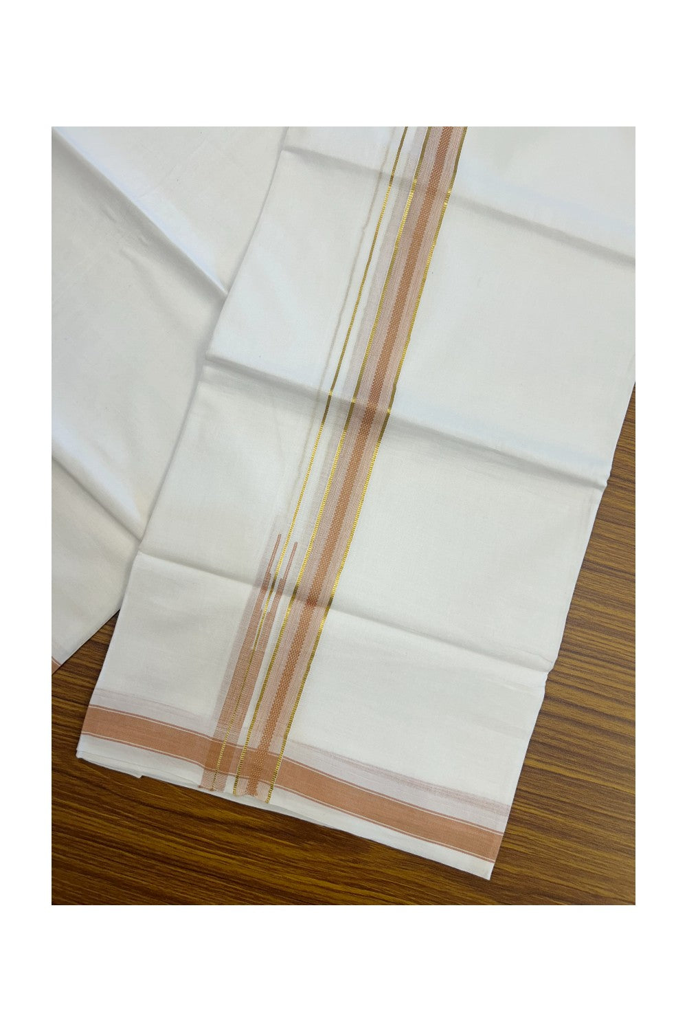 20% DISCOUNT!! Kaitharikada Balaramapuram 100% Pure Cotton PURE WHITE Double Mundu/Dothi - 100x80 - 0.75 Inch Pastel Orange & Gold Kasavu shaded Stripes Puliyilakkara Chutty - 46KK5217 CKS