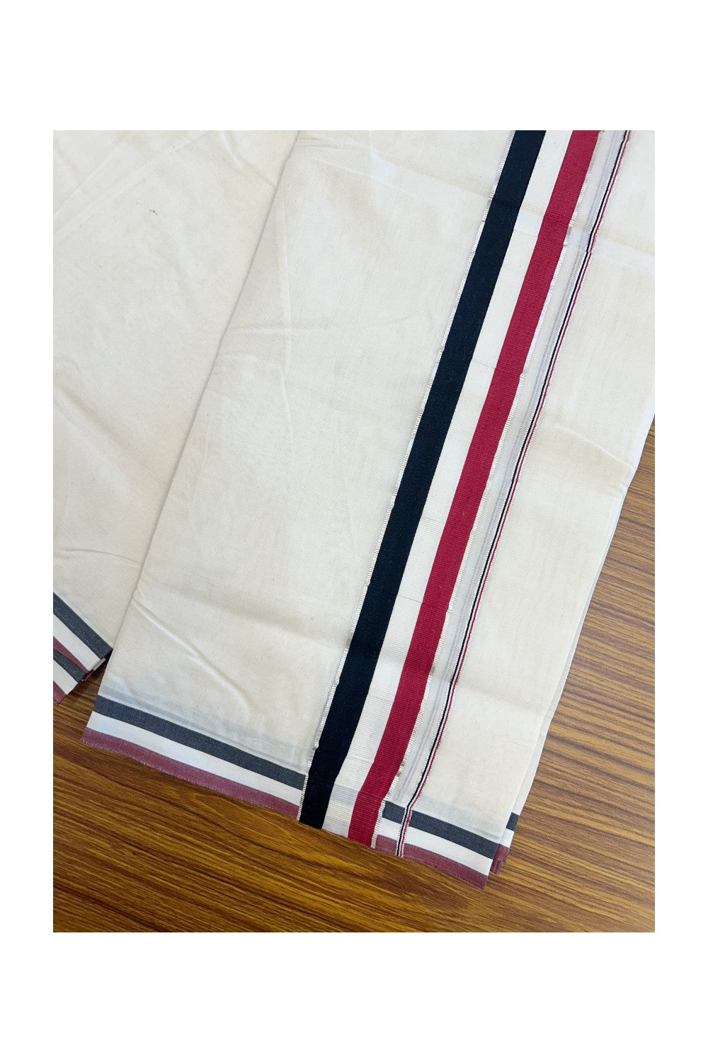 ADMK VESHTI - 20% DISCOUNT! KaithariKada 100% Cotton off white Double - (Unbleached) Mundu/Dhoti - 100X100 - 2 inch Silver Kasavu & Black White Maroon kara - 46KK5218ASH