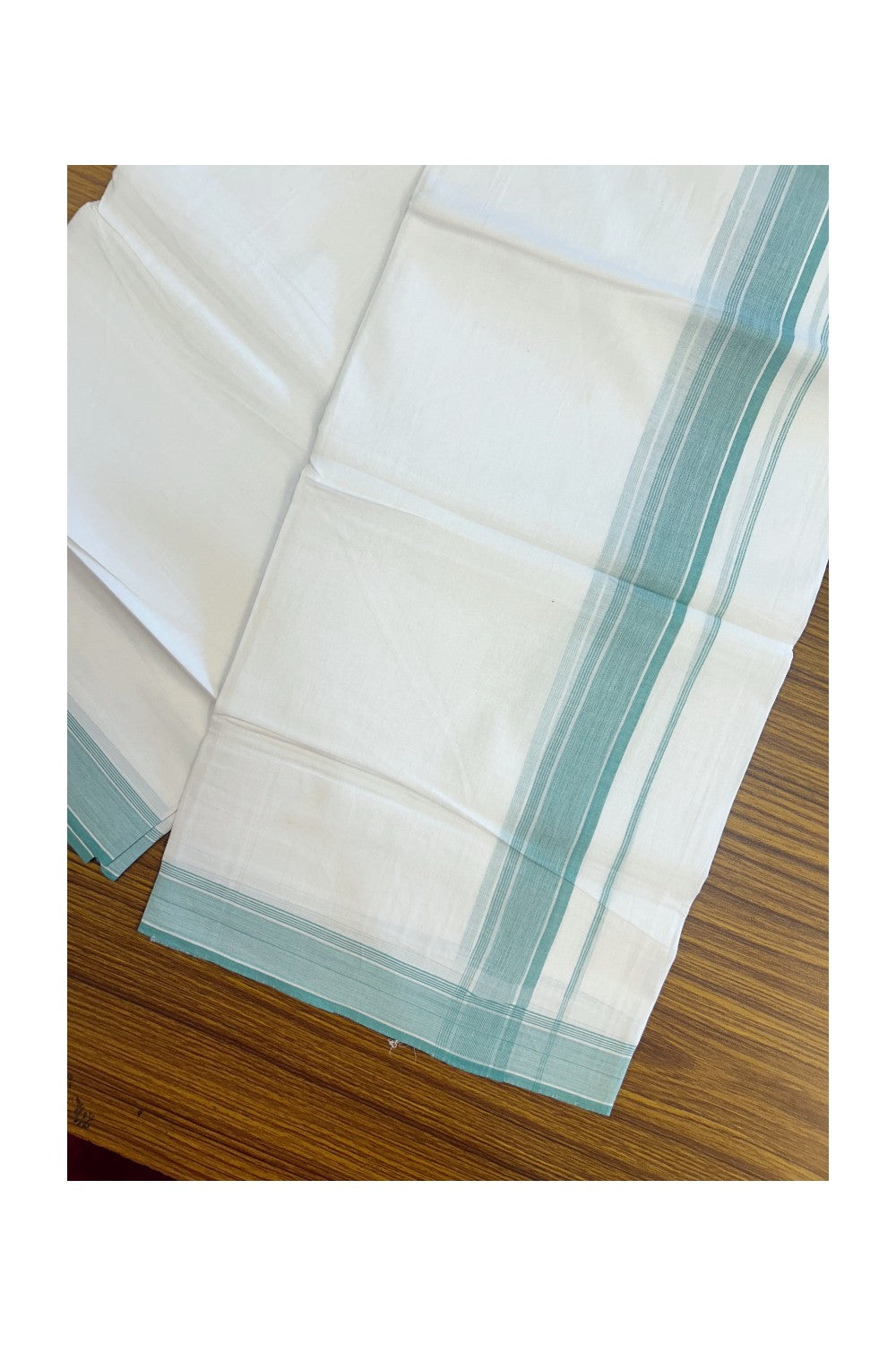 20% Discount ! Kaitharikada Balaramapuram 100% Cotton PURE WHITE Double Mundu/Dothi - 100x80 - 1.5 inch Turquoise Green Striped Kara 3.75 mtr (8 muzham) - 46KK5220 THI