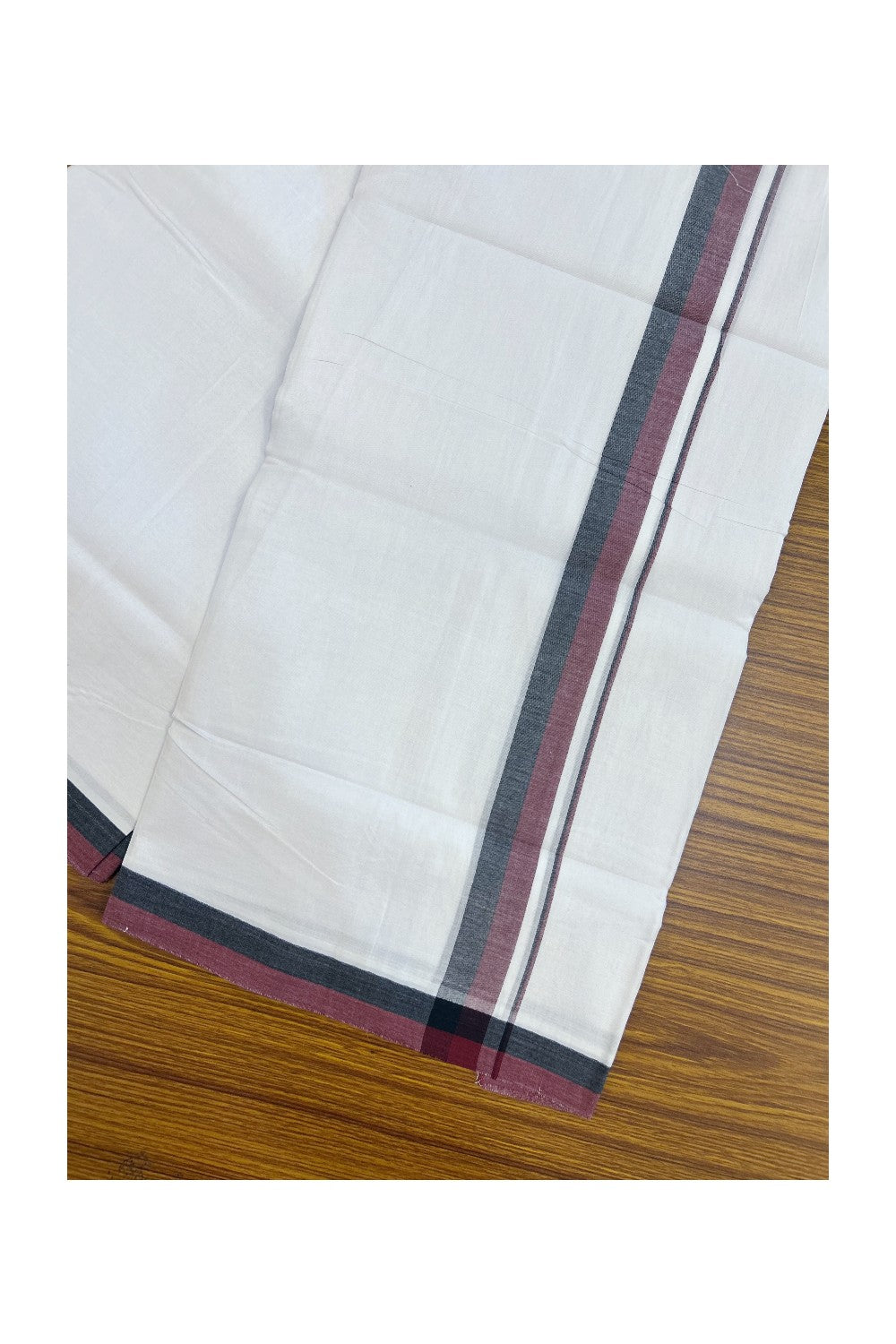 DMK Veshti - 19% DISCOUNT! KaithariKada 100% Cotton Pure white Double Mundu/Dhoti - 100X100 - 1 inch Black & Maroon Shaded kara 3.75 mtr (8 muzham) - 45KK5224 ASH