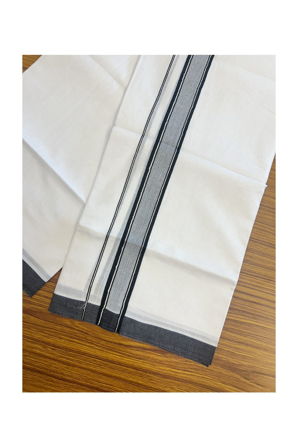 20% DISCOUNT! KaithariKada Balaramapuram 100% Cotton Double Pure white Mundu/Dhoti- 60s - 1.5 inch Silver Kasavu & Black Shaded Striped Kara - 3.88mtr ( 8 muzham) - 46KK5227 PMC