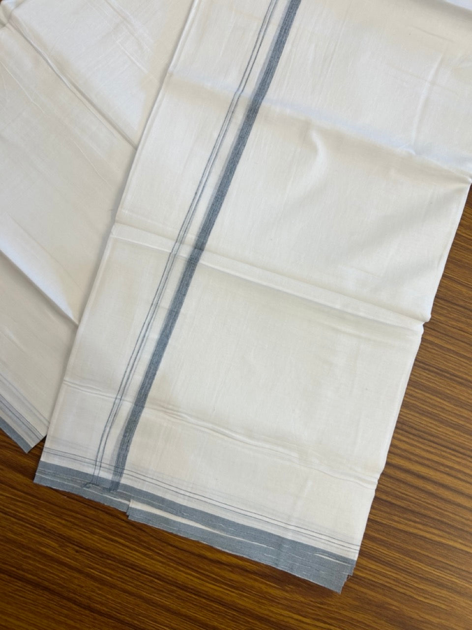 20% DISCOUNT!! NEW!! KaithariKada Balaramapuram 100% Cotton PURE WHITE Double Mundu/Dhoti - (100x80)s - 0.5 inch Peacock Blue Kara - 46 KK5249 VIN