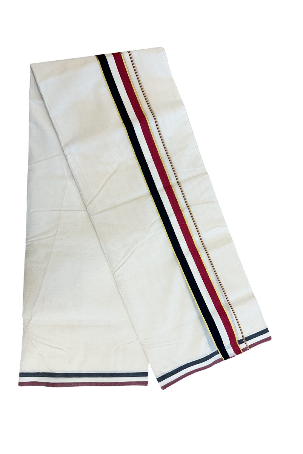 ADMK VESHTI - 20% DISCOUNT! KaithariKada 100% Cotton off white Double - (Unbleached) Mundu/Dhoti - 100X100 - 2 inch Gold Kasavu & Black White Maroon kara - 47KK5218ASH