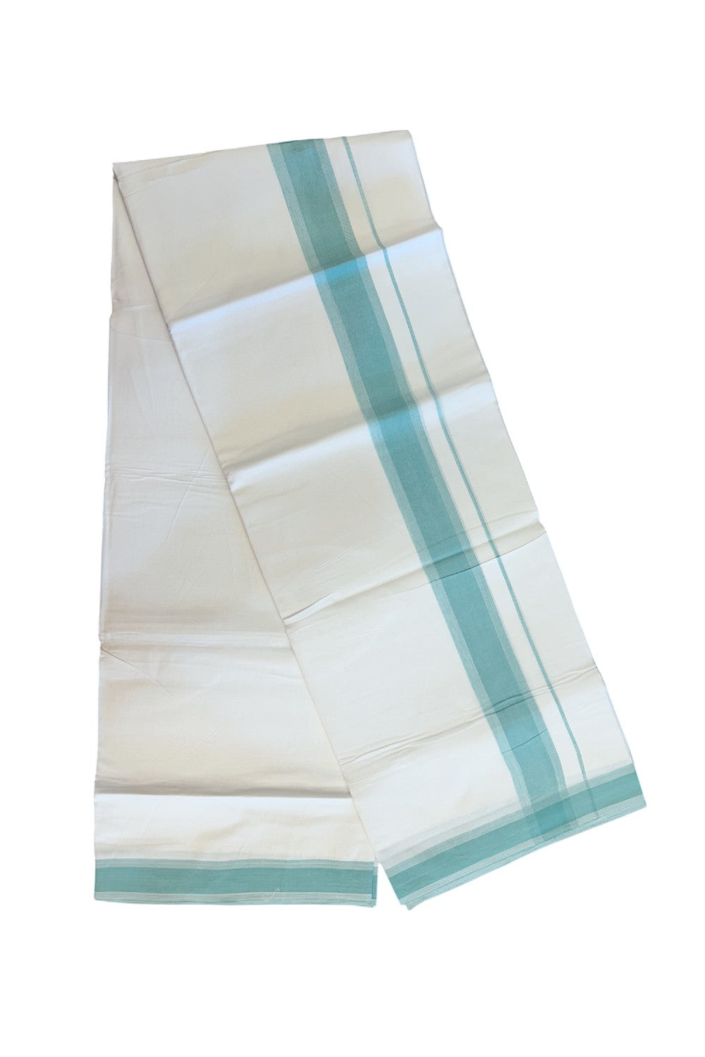 20% Discount ! Kaitharikada Balaramapuram 100% Cotton PURE WHITE Double Mundu/Dothi - 100x80 - 1.75 inch Turquoise Green Striped Kara 3.75 mtr (8 muzham) - 47KK5220 THI