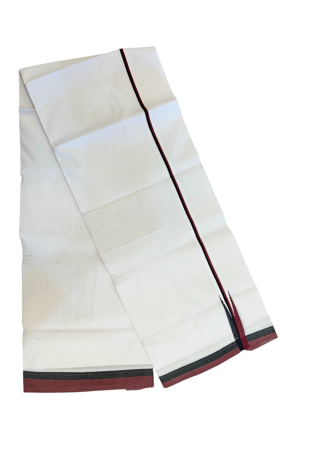DMK Veshti - 20% Discount !! KaithariKada Balaramapuram PURE WHITE DOUBLE Mundu/Dhoti - 100X100 - Puliyilakkara 0.75 inch Maroon & Black Thin Chutty Kara 3.75 mtr (8 muzham) - 46KK5224 ASH