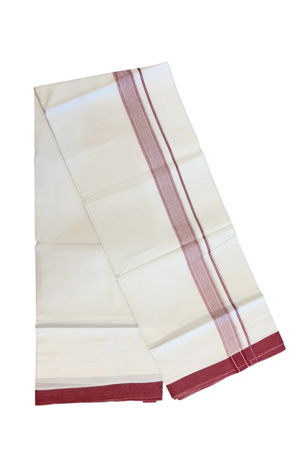 20% DISCOUNT! KaithariKada Balaramapuram 100% Cotton Double Pure white Mundu/Dhoti- 60s - 1.25 inch Silver Kasavu & Maroon Shaded Kara - 3.88mtr ( 8 muzham) - 47KK5227 PMC