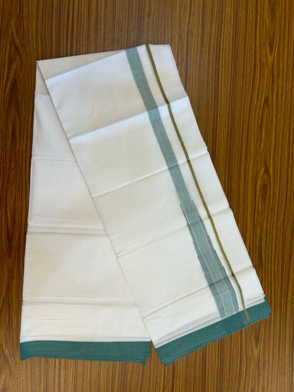 24% Discount! KaithariKada Balaramapuram 100% Cotton Pure white Double Mundu/Dhoti - (100x80)s - 1.5 inch Puliyilakkara Green Stripes Chutty Gold Kasav - 47 KK5258 THI