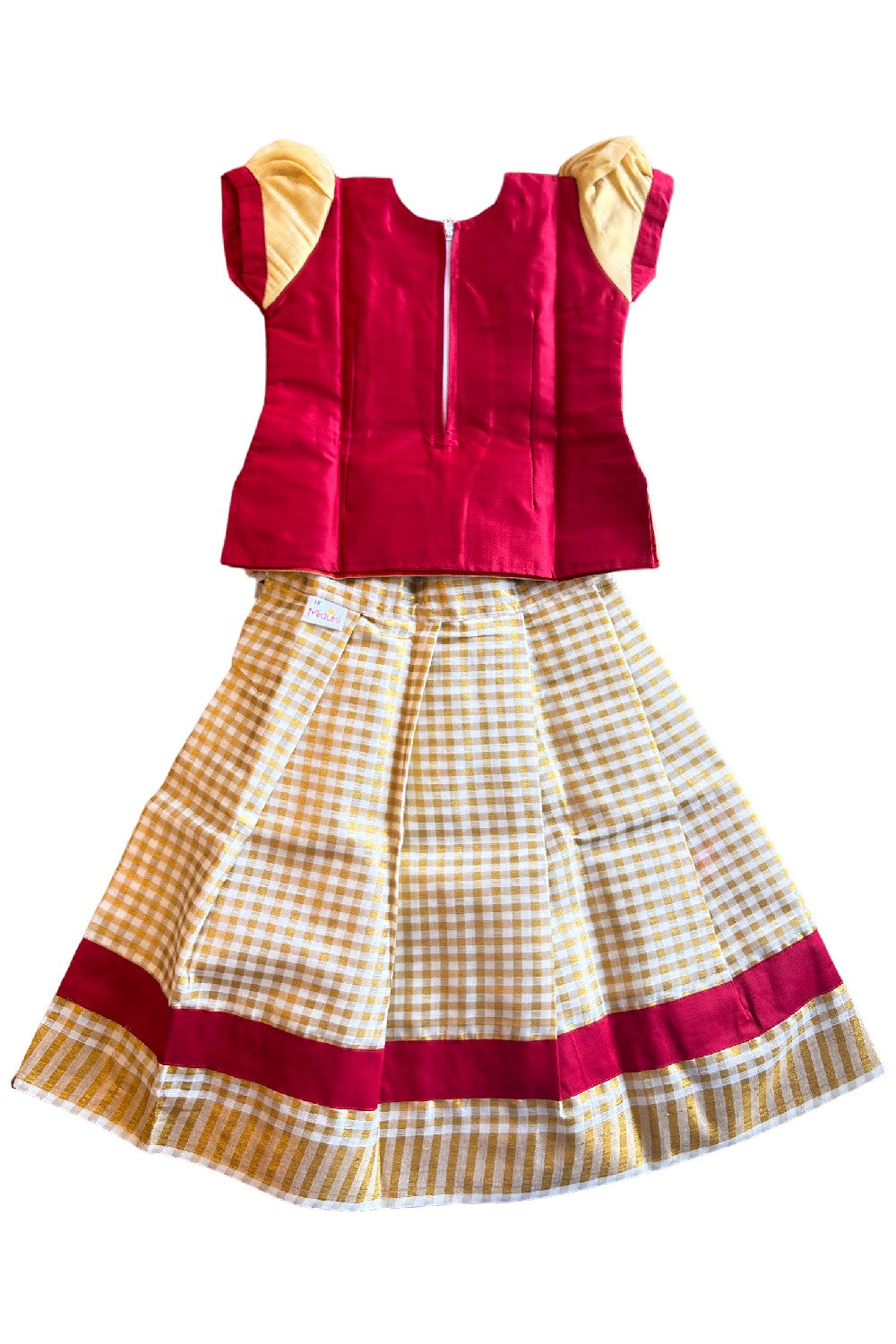 Midukki-Traditional South Indian Kids Pattu Pavada- Red top offwhite check skirt- Age 3 - KK3MID0047