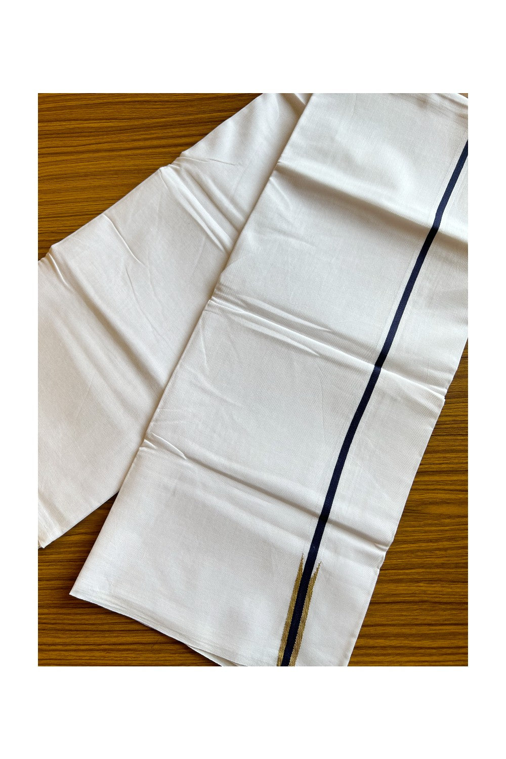 19% Discount!! KaithariKada Balaramapuram 100% Cotton Pure White Double Mundu/Dhoti-100x100 1.5 cm Navy blue 1 line kasav Puliyilakkara chutty - 47KK412ASH