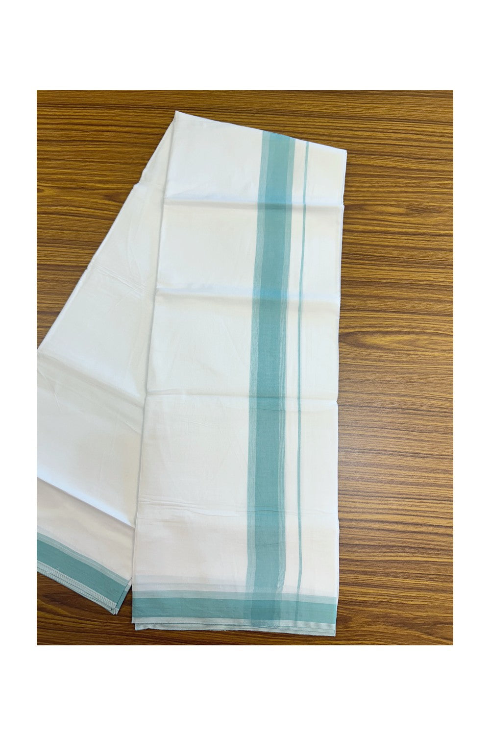 20% Discount ! Kaitharikada Balaramapuram 100% Cotton PURE WHITE Double Mundu/Dothi - 100x80 - 1.75 inch Turquoise Green Striped Kara 3.75 mtr (8 muzham) - 47KK5220 THI